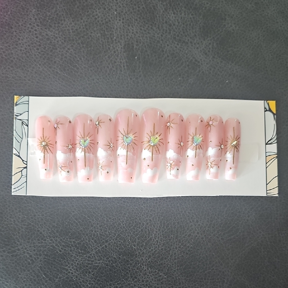 Pink Nail Set with Star and Heart Designs